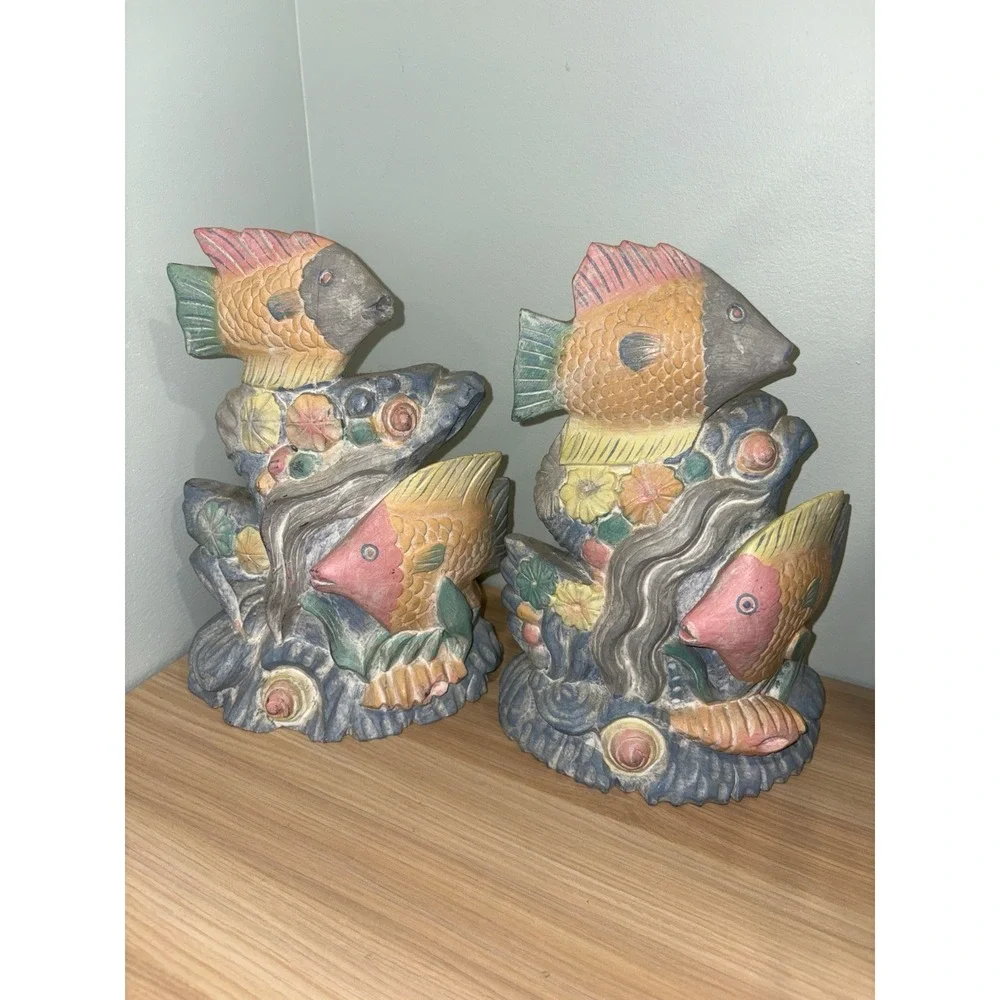 Bright Pastel Colored Ceramic Fish Figurines Bookends Book Shelf Decor Tropical